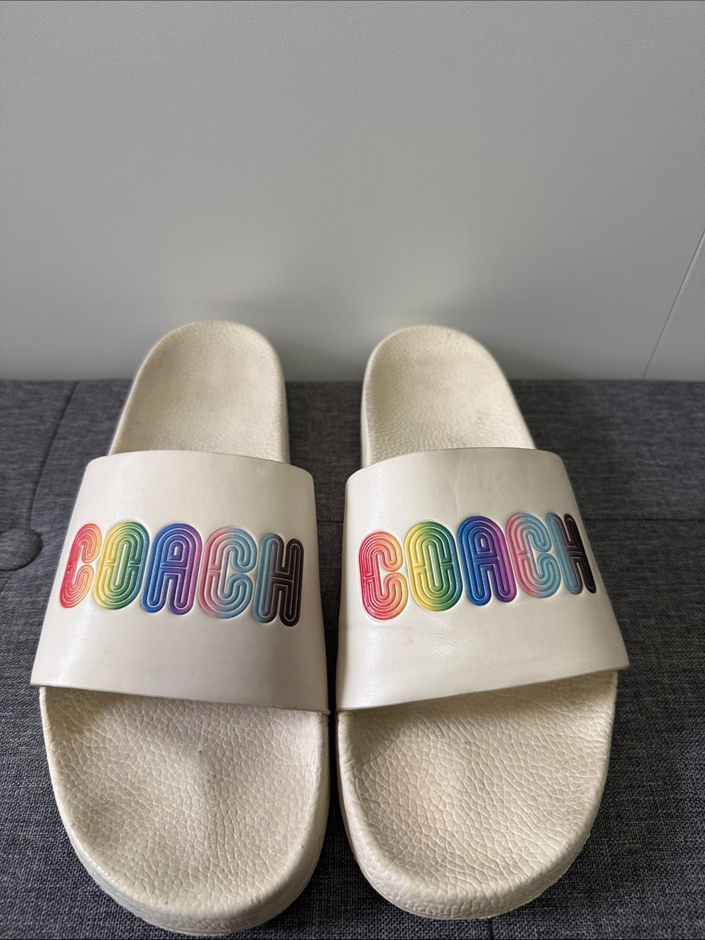 Coach White Slide Sandals with Rainbow Logo